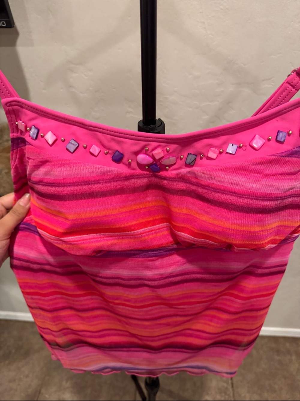 Ruby Rd. Pink Striped Beaded Tankini Top - Picture 4 of 6